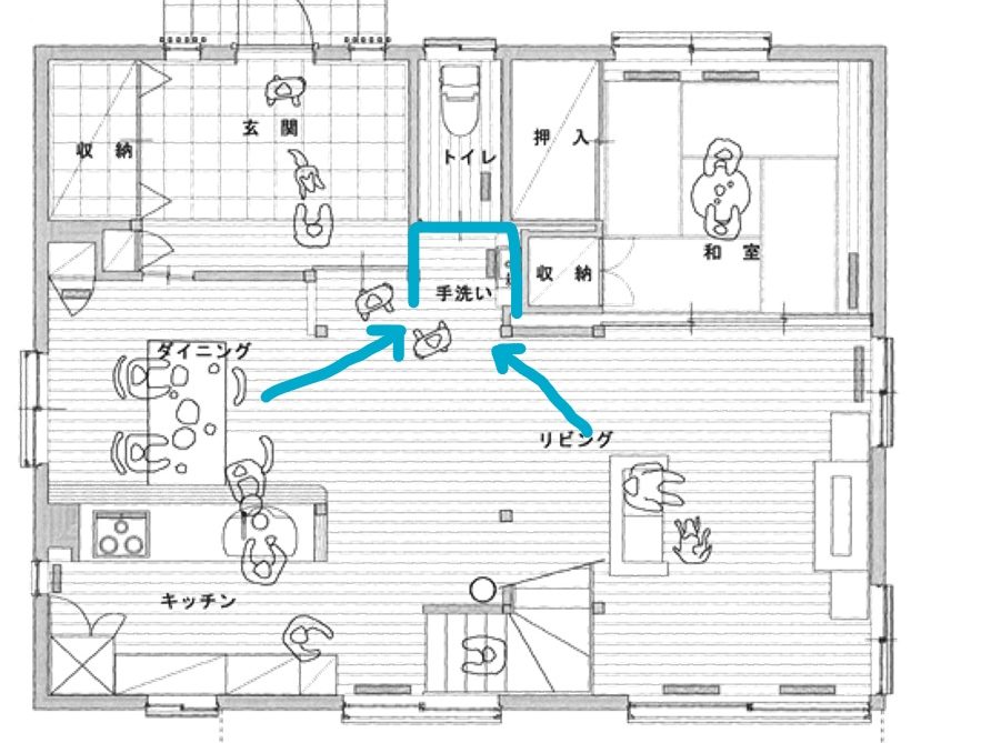 こちらの家はキッチンやダイニングから直接は見えないように1スパン奥まったところに位置している