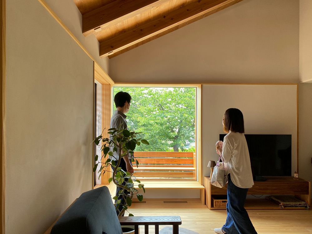 遠くの景色、空、緑は一枚ガラスにすると絵のような窓になる