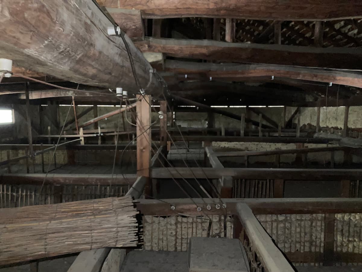 いくつもの丸太が重なり、大屋根を支えている